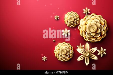 Gold abstrakte Blumen asiatische Muster auf rotem Hintergrund Stock Vektor