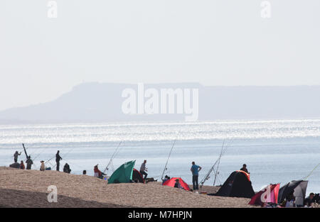 Angler in der Heat Haze an einem heißen Tag am Chesil Beach UK, einige ledgering, andere makrelenfangs. Die Isle of Portland im Hintergrund. Stockfoto