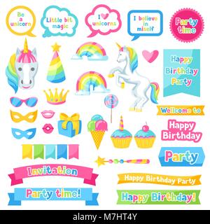 Happy birthday scrapbook Patch. Fantasy Elemente und Objekte für Dekorationen Stock Vektor