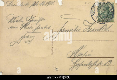 Eine historische Postkarte, die den Eisenbahnübergang an der Friedrichstraße in Schönebeck, Sachsen-Anhalt, entlang der Elbe darstellt. Das Bild konzentriert sich auf die Infrastruktur und den Transport der Region. Stockfoto