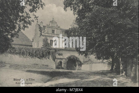 Das Bild zeigt den Eingang zu einer Burg in Strehla, Sachsen, und hebt die architektonischen Details und die historische Bedeutung des Bauwerks in der Region Sachsen hervor. Stockfoto