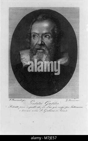 Porträt von Galileo Galilei, dem bekannten italienischen Astronomen und Physiker, berühmt für seine Pionierarbeit in der Wissenschaft, einschließlich seiner Unterstützung für das heliozentrische Modell des Sonnensystems. Stockfoto
