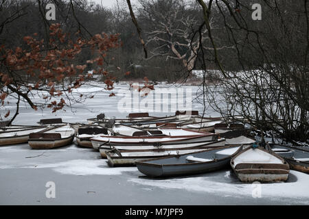 Hohl Teich im Schnee, Epping Forest, London, Vereinigtes Königreich Stockfoto