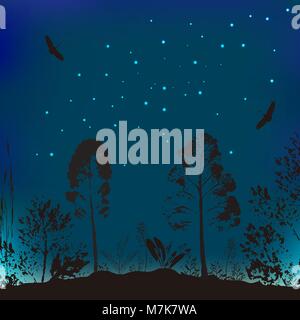 Vector Illustration von Wildtieren. Der Hintergrund aus dem Abendhimmel, Bäume und Vögel. Stock Vektor