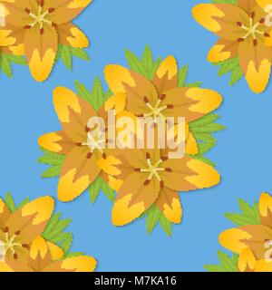 Nahtlose Textur mit hellen Blüten auf blauem Hintergrund. Blüte der Lilien. Vector Illustration. Stock Vektor