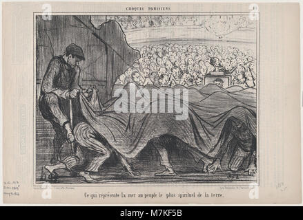 Diese Lithografie aus dem Jahr 1856 mit dem Titel „CE qui représente la mer au peuple...“ Aus *Croquis Parisiens*, veröffentlicht in *Le Charivari*, zeigt eine satirische Pariser Szene, die die französische Gesellschaftskommentar aus der Mitte des 19. Jahrhunderts durch Kunst reflektiert. Stockfoto