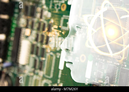 Quantum super Computer der Zukunft Technologie und Internet der Dinge Konzept. Künstliche Intelligenz Roboter, Leiterplatte CPU Prozessor Chipsatz, scienc Stockfoto