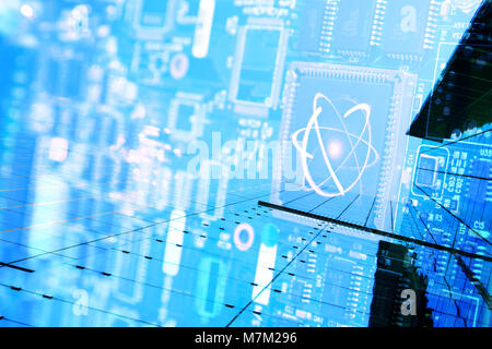Quantum super Computer der Zukunft Technologie und Internet der Dinge Konzept. Künstliche Intelligenz Leiterplatte CPU Prozessor Chipsatz, Wissenschaft gelb Stockfoto