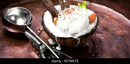 Eis mit Mandeln und Zimt Geschmack in eine Kokosnuss Schale Stockfoto