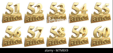 Satz mit goldenen Ziffern auf einem Goldbarren für das Jubiläum. Übersetzung aus dem Spanischen - Jahre. 3D-Darstellung Stockfoto