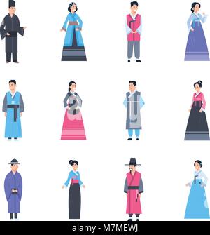 Korea traditionelle Kleidung der Frauen und Männer mit alten Kostüm isolierten asiatischen Kollektion Stock Vektor