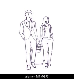 Der Mann und die Frau zu Fuß mit Koffer reisen zusammen Skizze Silhouette Stock Vektor