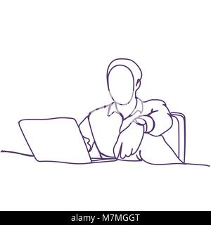 Abstrakte Geschäftsmann Tippen auf Laptop Doodle männlichen Silhouette auf weißem Hintergrund Stock Vektor