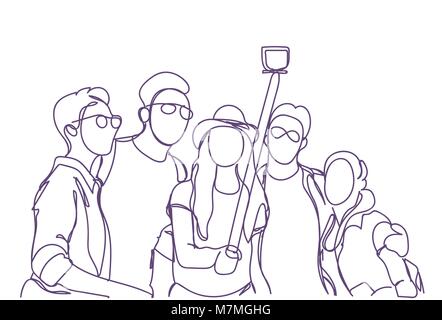 Gruppe von Menschen gemeinsam Selfie Foto mit Stick Doodle Männer und Frauen machen Self Portrait Stock Vektor