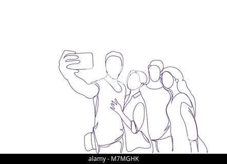 Gruppe der Skizze, die Self Portrait Foto auf Smart Phone Kamera Doodle Männer und Frauen Stock Vektor