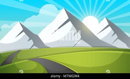Cartoon Landschaft. Berg, Himmel, Ray, Straße, Reise Abbildung. Stock Vektor