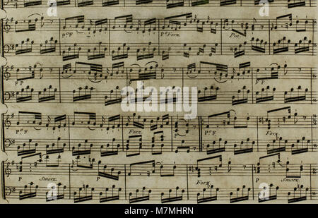 Eine Komposition von Joseph Haydn aus dem Jahr 1795 mit dem Titel „Andante du célébré“, arrangiert für Harfe mit optionaler Violinbegleitung, die seinen klassischen Stil und seine instrumentale Anpassungsfähigkeit zum Ausdruck bringt. Stockfoto