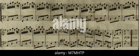 Diese Notenschrift aus dem Jahr 1795 enthält eine Bearbeitung von Joseph Haydns Andante für Harfe mit optionaler Violinbegleitung, die Kammermusik des späten 18. Jahrhunderts repräsentiert. Stockfoto