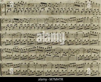 Diese Musikausgabe von 1795 enthält ein Andante von Joseph Haydn, arrangiert für Harfe mit optionaler Violinbegleitung, das ein Beispiel für klassische Aufführungsadaptionen des späten 18. Jahrhunderts darstellt. Stockfoto