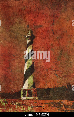 Fine Art Watercolor painting von Cape Hatteras Leuchtturm - Outer Banks, North Carolina. Leuchtturm Malerei OBX. Aquarell batik Farbe Stockfoto