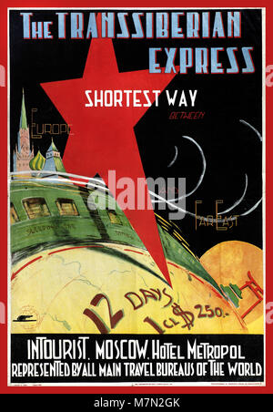 Vintage historischen Alten Transsibirischen Express Russische Bahn Zug Bahn Reisen 1930 Plakat - trans-siberian Express Bahn, auch die Förderung eines Aufenthalts im Hotel Metropol in Moskau. Stockfoto
