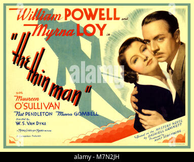 Jahrgang 1934 Kino Plakat "Der dünne Mann" mit William Powell, Myrna Loy, Maureen O'Sullivan, unter der Regie von W S Van Dyke basierend auf ein Geheimnis Roman von Dashiell Hammett Stockfoto