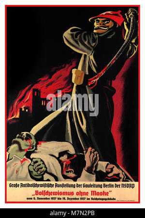 1937 Vintage vor WW2 German anti-bolschewistischen Nazi Propaganda Poster. Die übersetzten Legende: "Bolschewismus ohne Maske" - für eine grosse anti-bolschewistischen Ausstellung der NSDAP Gauleitung Berlin ab November 6, 1937 bis 19. Dezember 1937 im Reichstag in Berlin Deutschland Stockfoto