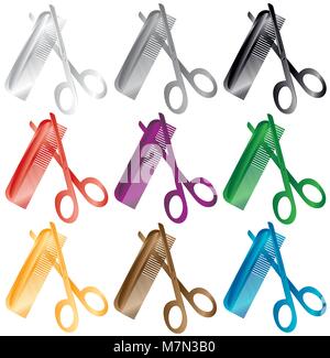 Friseur Kamm und Schere. Ein Satz von mehreren Farben Stock Vektor