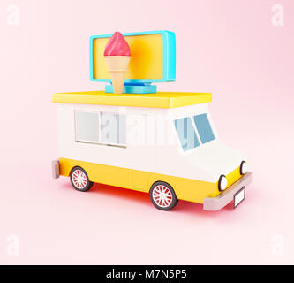 3D-Darstellung. Eis essen Lkw Cartoon-stil auf rosa Hintergrund. Fast food Konzept. Stockfoto