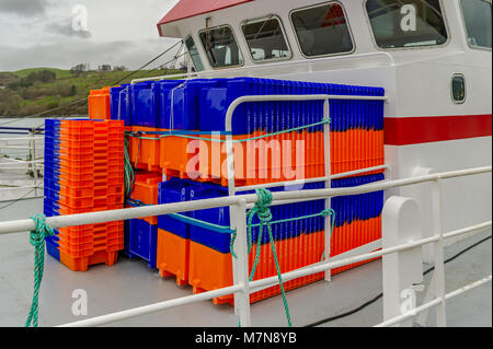 Neue fische Kästen auf dem Deck eines kommerziellen Fischtrawler gestapelt in der Union Halle, County Cork, Irland. Stockfoto