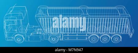 Sattelanhänger Dump Truck Skizze auf blauem Hintergrund isoliert. 3-Achs Trailer Truck. Tracing Abbildung der 3d. EPS 10 Vector Format. Stock Vektor