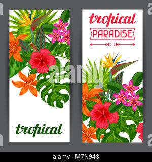Banner mit Stilisierten tropische Pflanzen, Blätter und Blüten. Bild für Werbung, Broschüren, Banner, flayers, Karten Stock Vektor