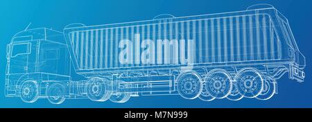 Sattelanhänger Dump Truck Skizze auf blauem Hintergrund isoliert. 3-Achs Trailer Truck. Tracing Abbildung der 3d. EPS 10 Vector Format. Stock Vektor