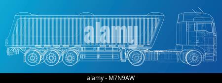 Sattelanhänger Dump Truck Skizze auf blauem Hintergrund isoliert. 3-Achs Trailer Truck. Tracing Abbildung der 3d. EPS 10 Vektor Format Stock Vektor