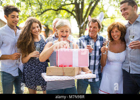 Familienfeier oder eine Gartenparty außerhalb im Hinterhof. Stockfoto