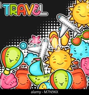 Cute reisen Hintergrund mit Kawaii doodles. Sommer Sammlung von fröhlichen Zeichentrickfiguren sun, Flugzeug, Schiff, Ballon, Koffer und dekorative Objekte Stock Vektor