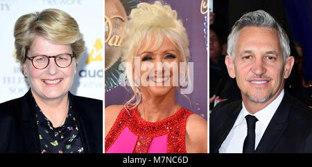 Datei Fotos von (von links) Sandi Toksvig, Debbie McGee und Gary Lineker. Stockfoto