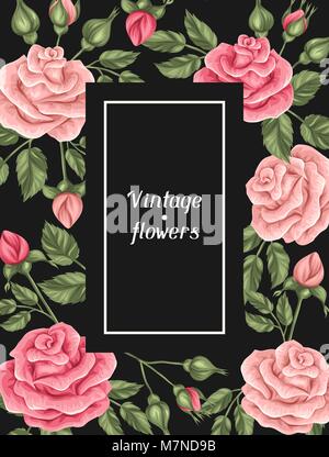 Rahmen mit Vintage Roses. Dekorative retro Blumen. Bild für Hochzeitseinladungen, romantische Karten, Booklets Stock Vektor