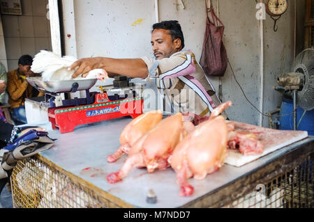 MUMBAI, INDIEN - Januar 2015: Straße Verkäufer Gewichte live Huhn auf der Skala auf Fleisch stehen. Stockfoto