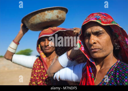 GODWAR REGION, INDIEN - 14 Februar 2015: Rabari tribeswomen stehen im Feld tragen sarees und der oberen Arm Bracelets. Eine Salden Schaufel auf den Kopf. Rabari Stockfoto