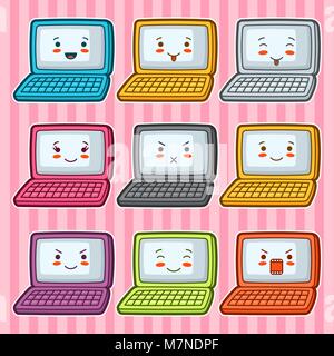 Kawaii doodle Laptops eingestellt. Abbildung: Gadgets mit verschiedenen Gesichtsausdruck Stock Vektor