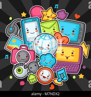 Kawaii Gadgets soziales Netzwerk. Doodles mit hübschen Gesichtsausdruck. Abbildung: Telefon, Tablet, Globus, Kamera, Laptop, Kopfhörer und andere Stock Vektor