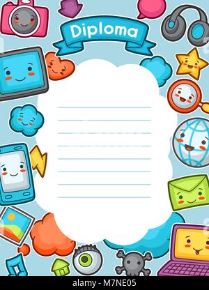 Kawaii Gadgets soziales Netzwerk Diplom. Doodles mit hübschen Gesichtsausdruck. Abbildung: Telefon, Tablet, Globus, Kamera, Laptop, Kopfhörer und andere Stock Vektor