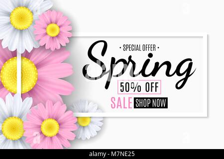 Frühling Verkauf Banner. Quadratische weiße Rahmen. Rosa und weissen Blüten der Kamille. Saisonale Flyer. Angebot. Vector Illustration. EPS 10. Stock Vektor