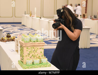 (180311) - Istanbul, 11. März 2018 (Xinhua) - ein Fotograf nimmt Foto der Konditorei arbeiten in Istanbul, Türkei, 10. März 2018. Gebäck Festival in Istanbul hat eine bunte Welt von Gebäck und Kuchen angezeigt, vor allem in den Formen der menschlichen Figuren, Tiere, Blumen, und soziale Leben. (Xinhua / Er Canling) Stockfoto