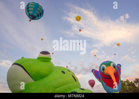 Canberra, Australien, 12. März 2018. Hot Air Balloon Festival in Canberra. Der Frosch Kermie schließt sich mit der Kolibri Heißluftballon am specatular Ballonfahrten Ereignis in Canberra im Herbst dieses Jahres statt. Den Sonnenaufgang sah viele Heißluftballons in die Luft in einer bunten Palette von Farbe nehmen. Sam Nerrie/Alamy Leben Nachrichten. Stockfoto