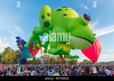 Canberra, Australien, 12. März 2018. Hot Air Balloon Festival in Canberra. Der Frosch seine Premiere auf der Canberra jährliche ballooning Ereignis. Er hat ohne Probleme mit einer gewaltigen Menschenmenge um sie aufzumuntern. Sam Nerrie/Alamy leben Nachrichten Stockfoto