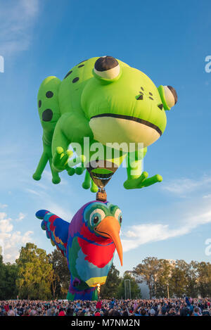 Canberra, Australien, 12. März 2018. Hot Air Balloon Festival in Canberra. Der Frosch Kermie ist ein Heißluftballon, der im Ballon Event in Canberra bietet in diesem Jahr. Es sind neun Tage, in denen die bunten Ballons zum Ansehen aus dem Rasen in der Nähe von Old Parliament House in Canberra. Sam Nerrie/Alamy Leben Nachrichten. Stockfoto