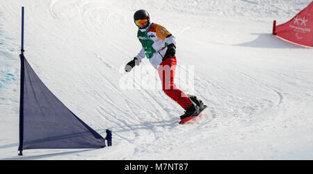 PyeongChang, Südkorea. 12 Mär, 2018. Paralympics, Jeongseon Alpine Center, Snowboard Cross der Männer: Dänemarks Daniel Wagner in Aktion. Foto: Jan Woitas/dpa-Zentralbild/dpa Quelle: dpa Picture alliance/Alamy leben Nachrichten Stockfoto