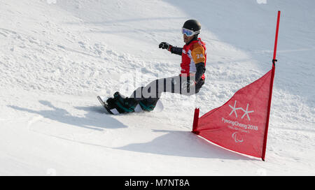 PyeongChang, Südkorea. 12 Mär, 2018. Paralympics, Jeongseon Alpine Center, Snowboard Cross der Männer: Österreichs Reinhold Schett in Aktion. Foto: Jan Woitas/dpa-Zentralbild/dpa Quelle: dpa Picture alliance/Alamy leben Nachrichten Stockfoto